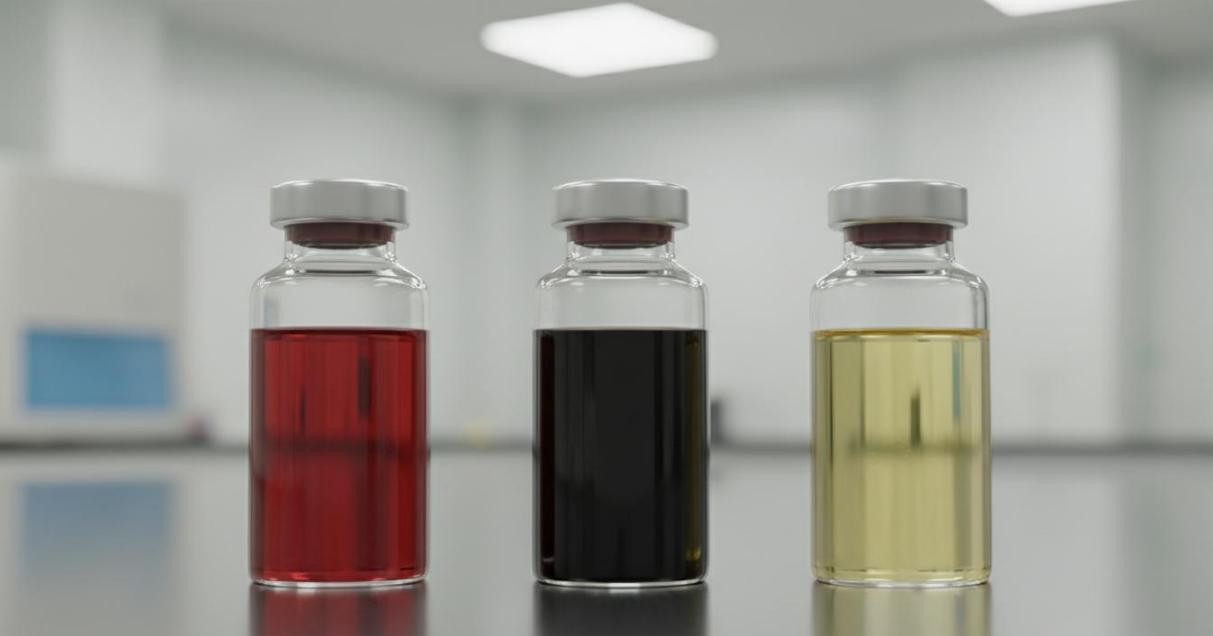 Three glass vials on a laboratory bench containing colloidal dispersions of gold nanoparticles (red), magnetic iron oxide nanoparticles (dark), and silver nanoparticles (yellow)