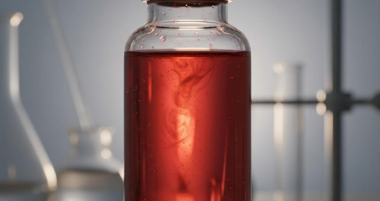Clear glass vial with wine-red colloidal gold nanoparticle solution, backlit to display characteristic surface plasmon resonance color
