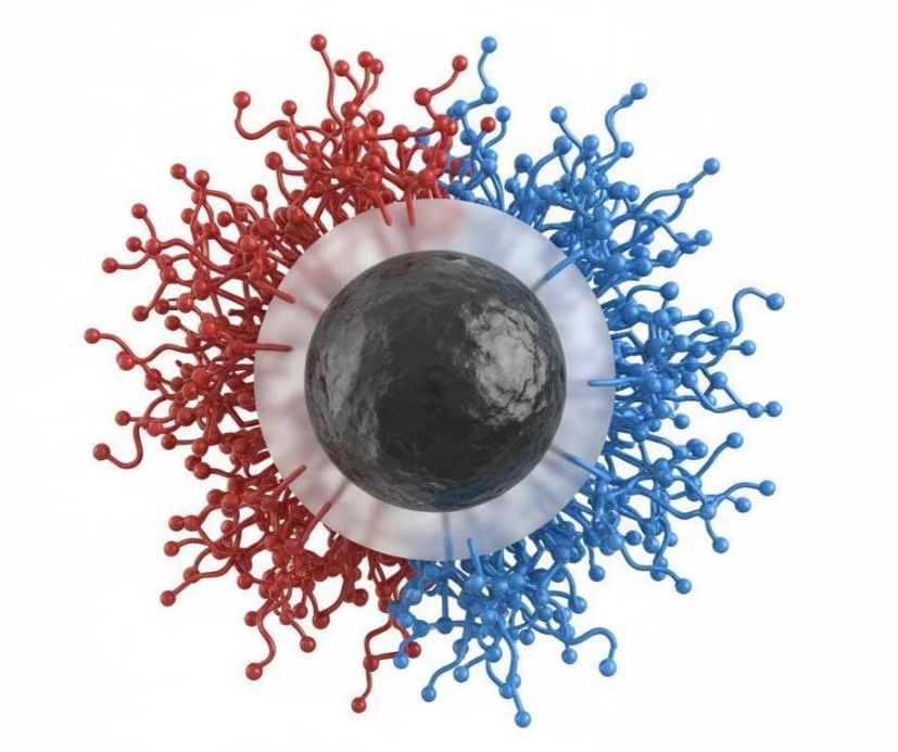 3D rendering of a surface-functionalized magnetic nanoparticle with dark iron oxide core, translucent shell, and radiating polymeric functional groups