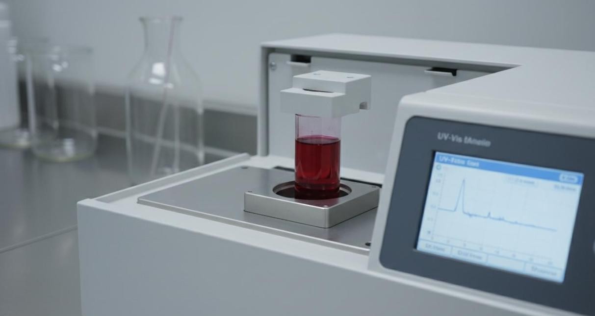 UV-Vis spectrophotometer with a cuvette holding red colloidal gold nanoparticle solution in the sample holder