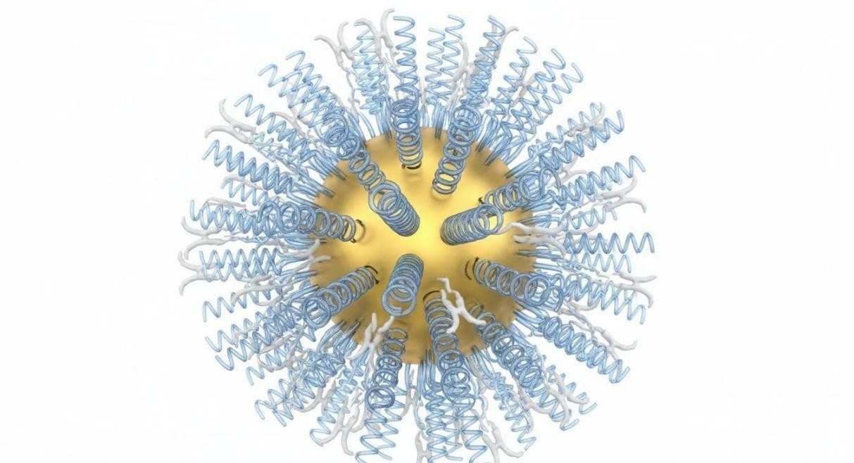 3D rendering of a gold nanoparticle coated with PEG polymer chains and antibody molecules attached to the chain ends