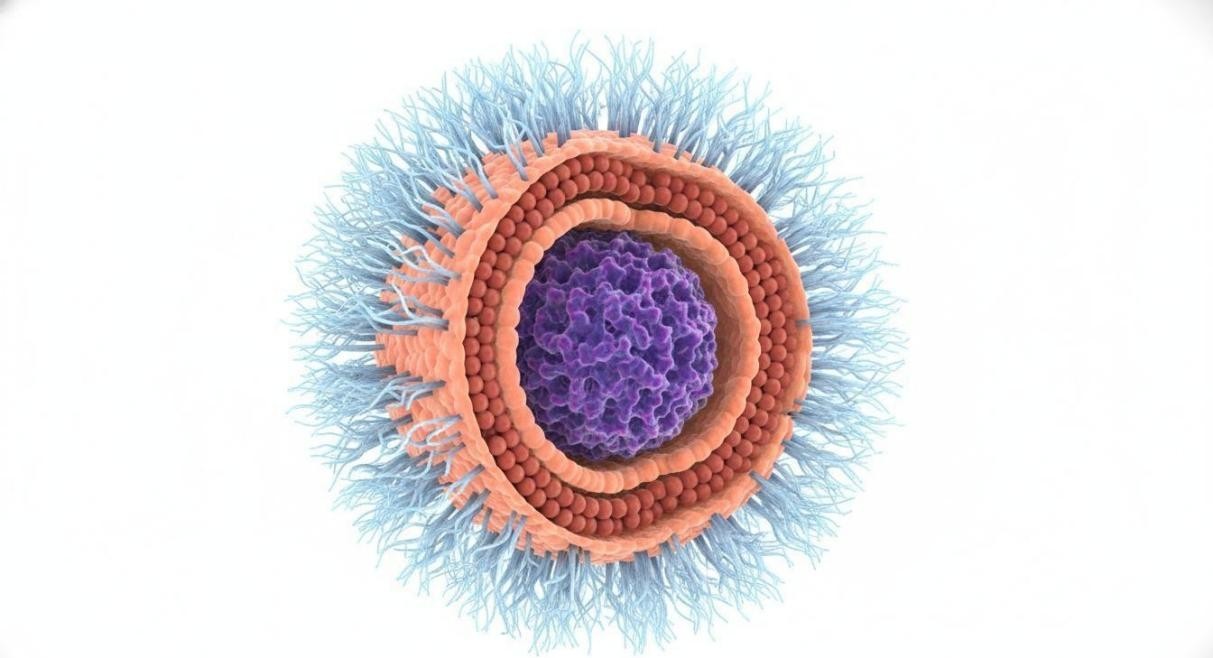 Cross-sectional 3D illustration of a PEGylated liposome showing phospholipid bilayer, internal drug cargo, and external PEG corona