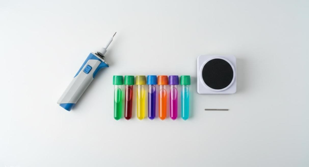 Flat-lay of colorful microcentrifuge tubes with bioconjugation samples, a micropipette, and a small magnetic stirrer on a white surface