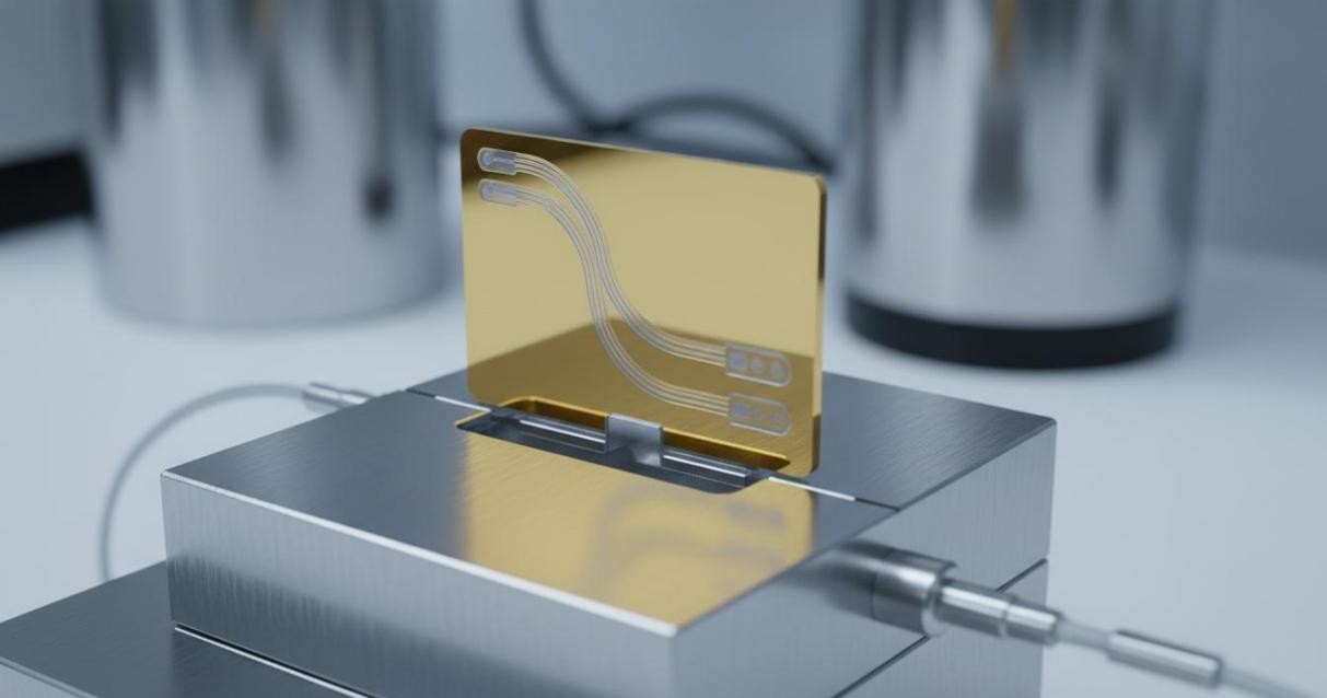 Close-up of a golden surface plasmon resonance sensor chip in a metallic holder with microfluidic connections