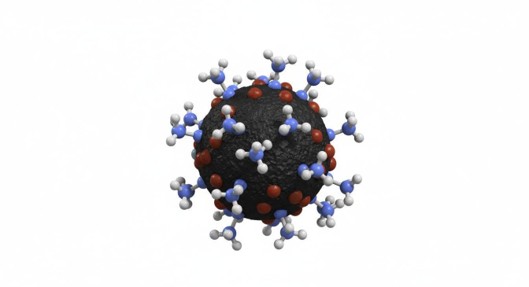 3D molecular visualization of organosilane coupling agents covalently bonded to a dark metal oxide nanoparticle surface with amino functional groups extending outward