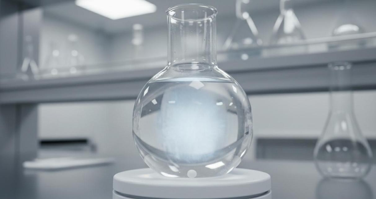 Round-bottom glass flask containing a translucent bluish-white opalescent silica sol on a magnetic stirrer in a laboratory