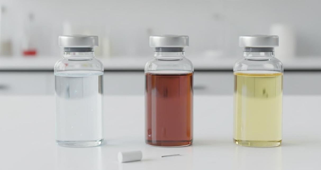 Three glass vials on a laboratory bench with differently colored coated nanoparticle dispersions and a magnetic stir bar nearby