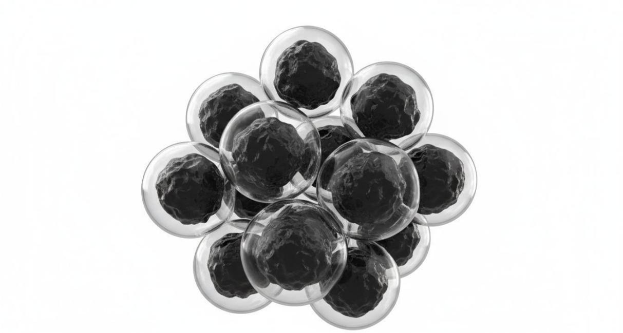 3D rendering of multiple dark iron oxide nanoparticle cores individually encased in clear glassy silica shells forming a cluster