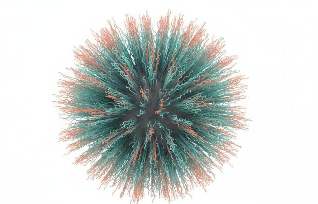 3D rendering of a nanoparticle densely coated with a polymer brush corona featuring teal and coral polymer chains radiating outward