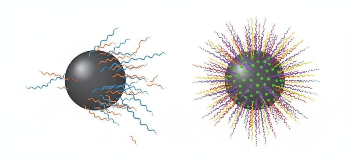 Side-by-side comparison of grafting-to with pre-formed chains attaching to a nanoparticle and grafting-from with chains growing from surface initiator sites