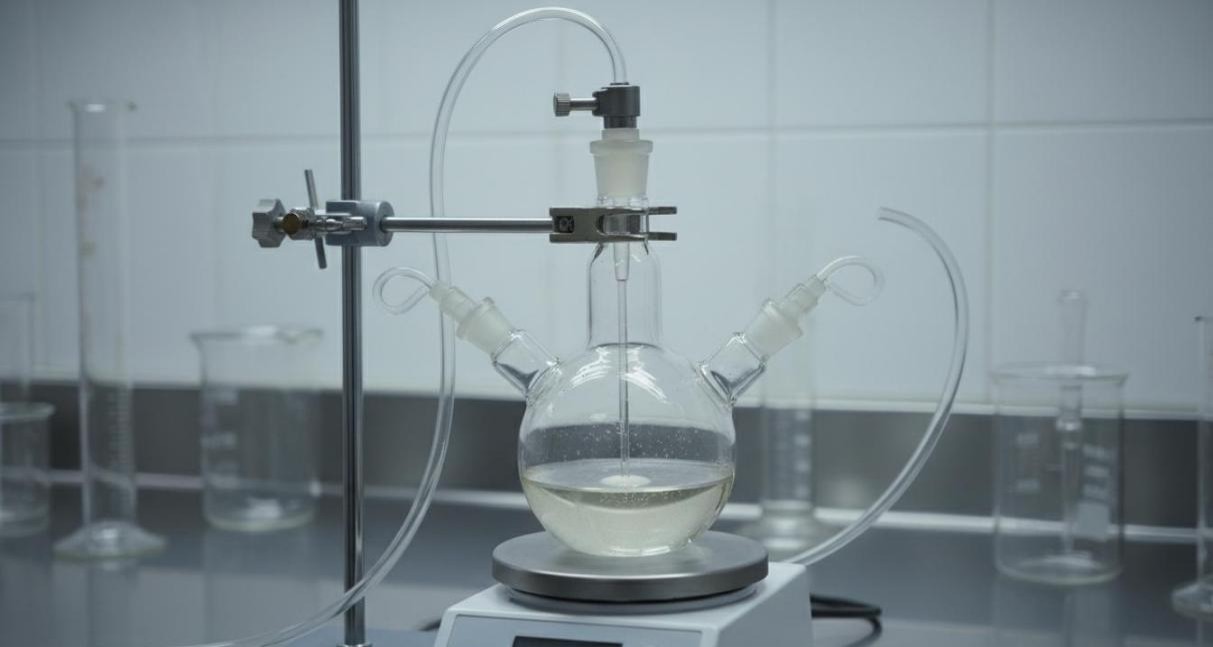 Three-necked Schlenk flask on a magnetic stirrer with nitrogen purge tubing for surface-initiated ATRP polymerization