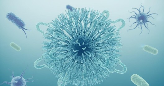 PEG brush-coated stealth nanoparticle surrounded by immune cells unable to attach to its protective polymer corona