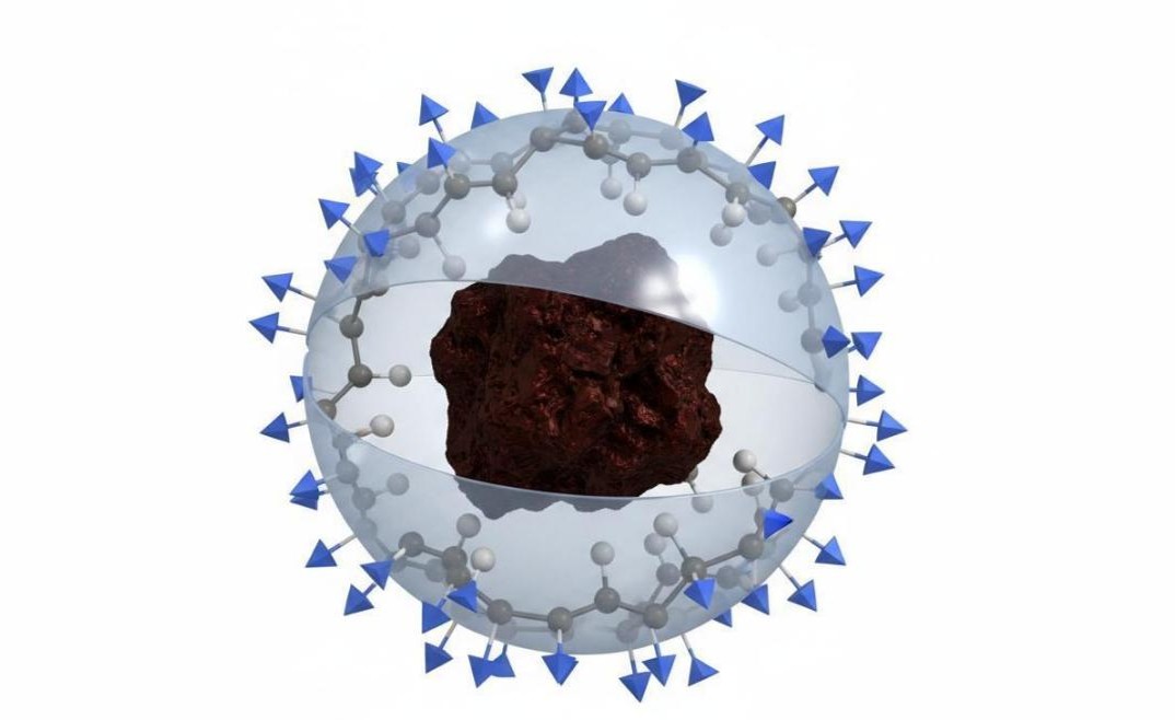A silica-coated magnetic nanoparticle with a dark iron oxide core and blue amino functional groups extending from the silica shell.