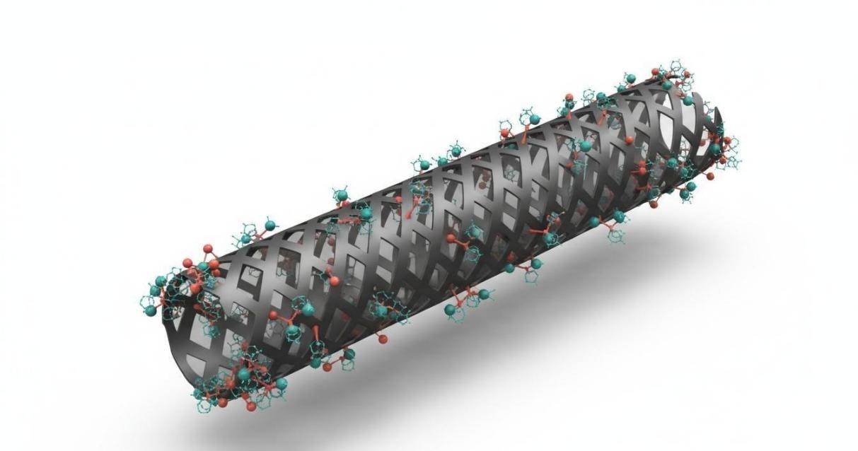 A 3D rendering of an oxidized multi-walled carbon nanotube with functional groups decorating its surface and open ends.
