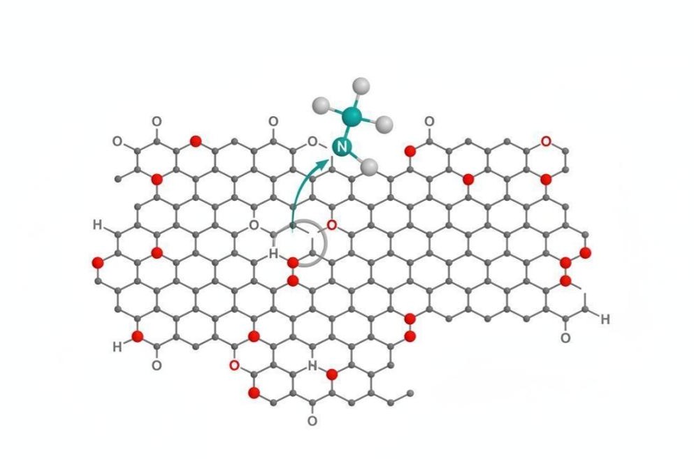 A molecular diagram showing nucleophilic amine attack opening an epoxide ring on a graphene oxide sheet.