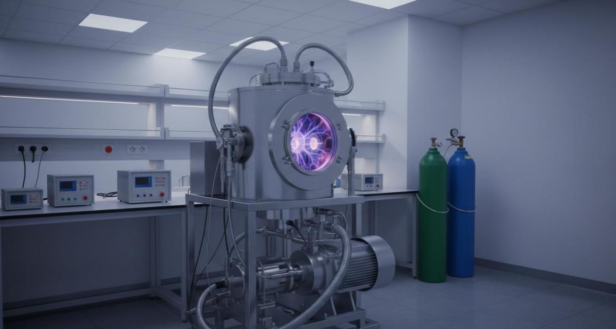 Radio-frequency plasma reactor with stainless steel vacuum chamber showing purple-blue plasma discharge through a viewport window