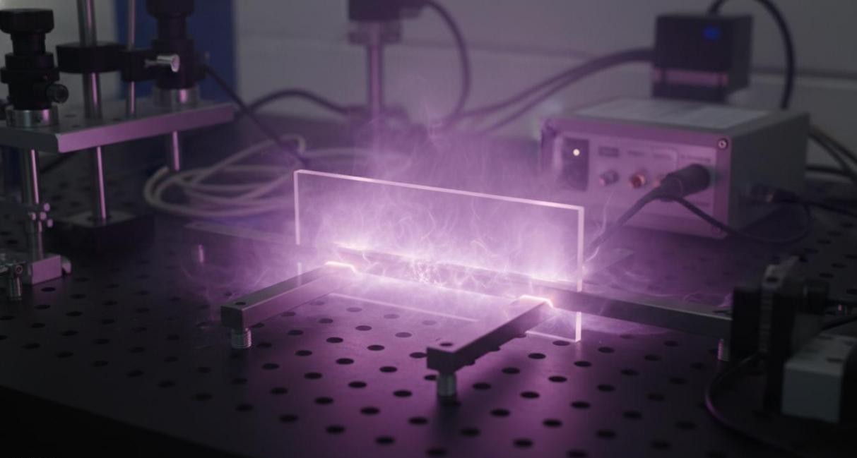 Dielectric barrier discharge system producing uniform pink-purple glow plasma between parallel plate electrodes on an optical table