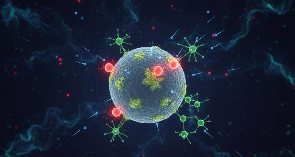 Scientific visualization of a nanoparticle bombarded by plasma species including electrons, ions, and radicals, inducing surface modifications