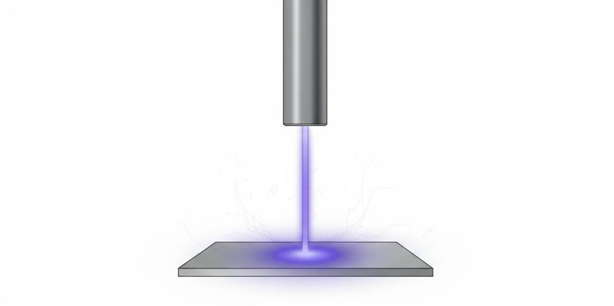 Atmospheric pressure plasma jet delivering a directed purple plasma stream onto a flat substrate surface below