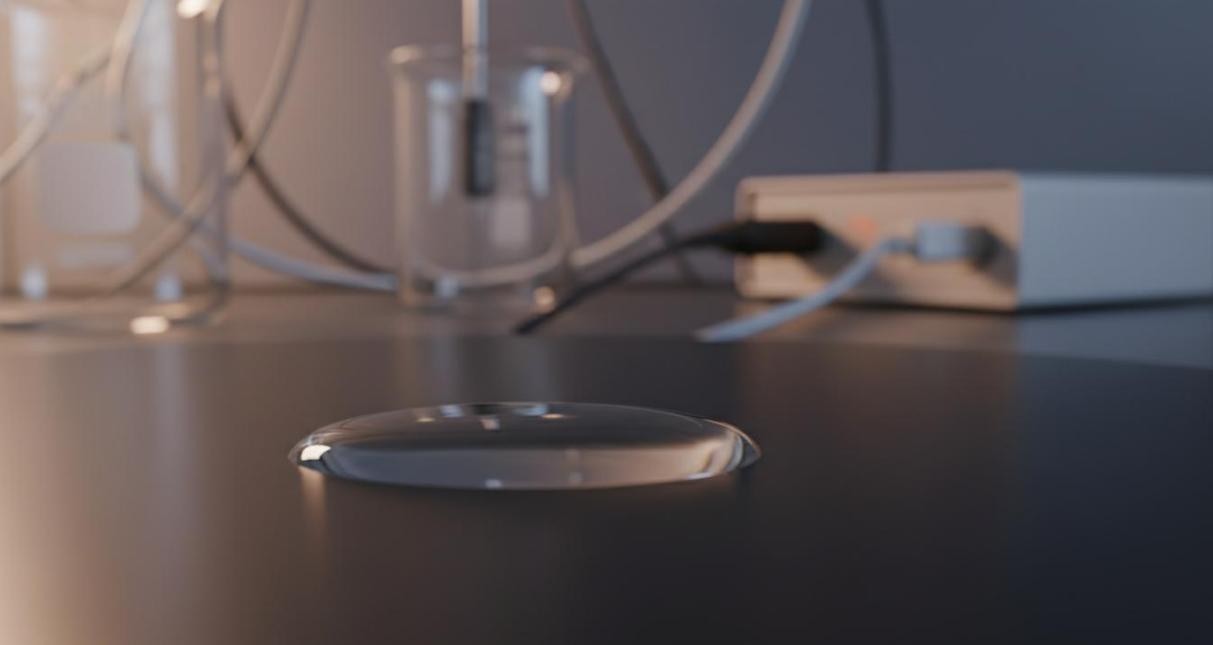 Water droplet on a dark plasma-treated flat surface showing a low contact angle indicating successful hydrophilization