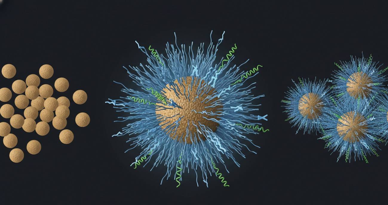 Nanoparticle PEGylation process showing bare particles transforming into PEG-coated particles with targeting ligands
