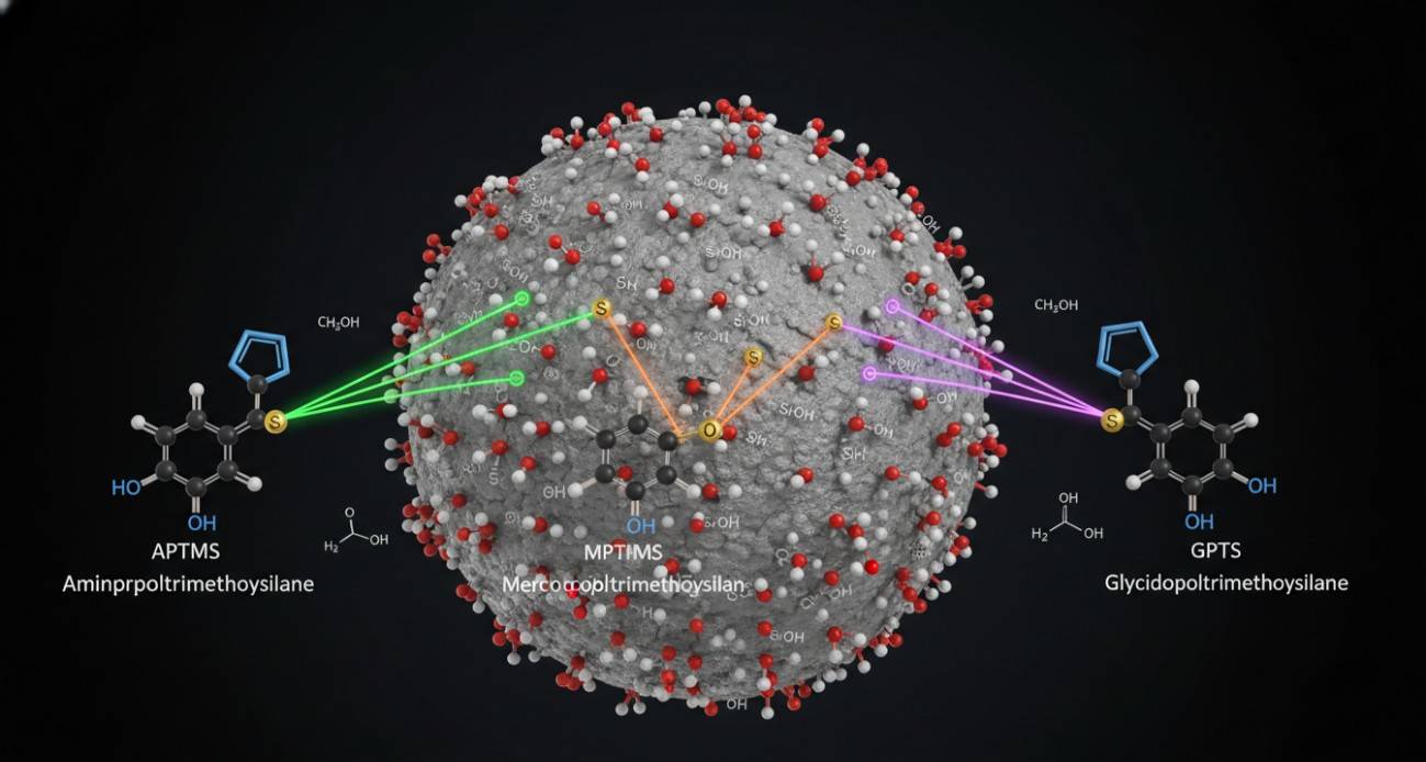 Silane coupling chemistry on silica nanoparticle surfaces using APTMS, MPTMS, and GPTS organosilane molecules