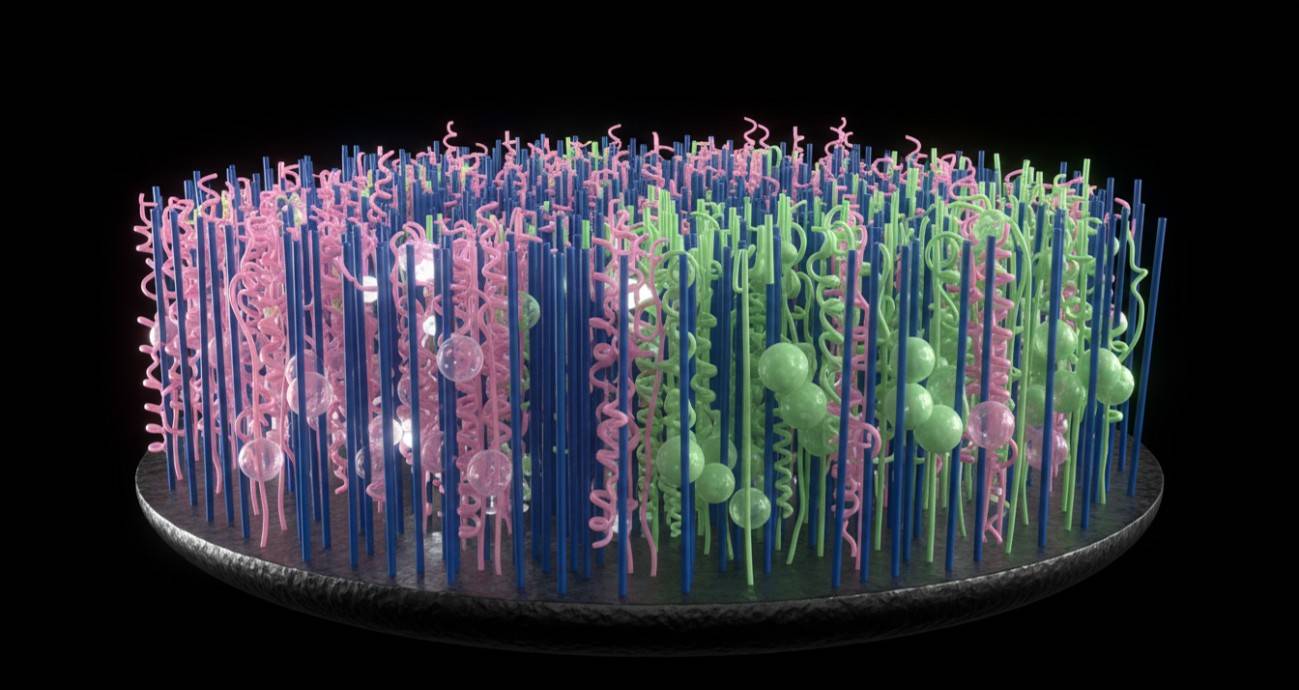 Mixed polymer brush architecture on a nanoparticle surface with PEG, polystyrene, and stimuli-responsive chains
