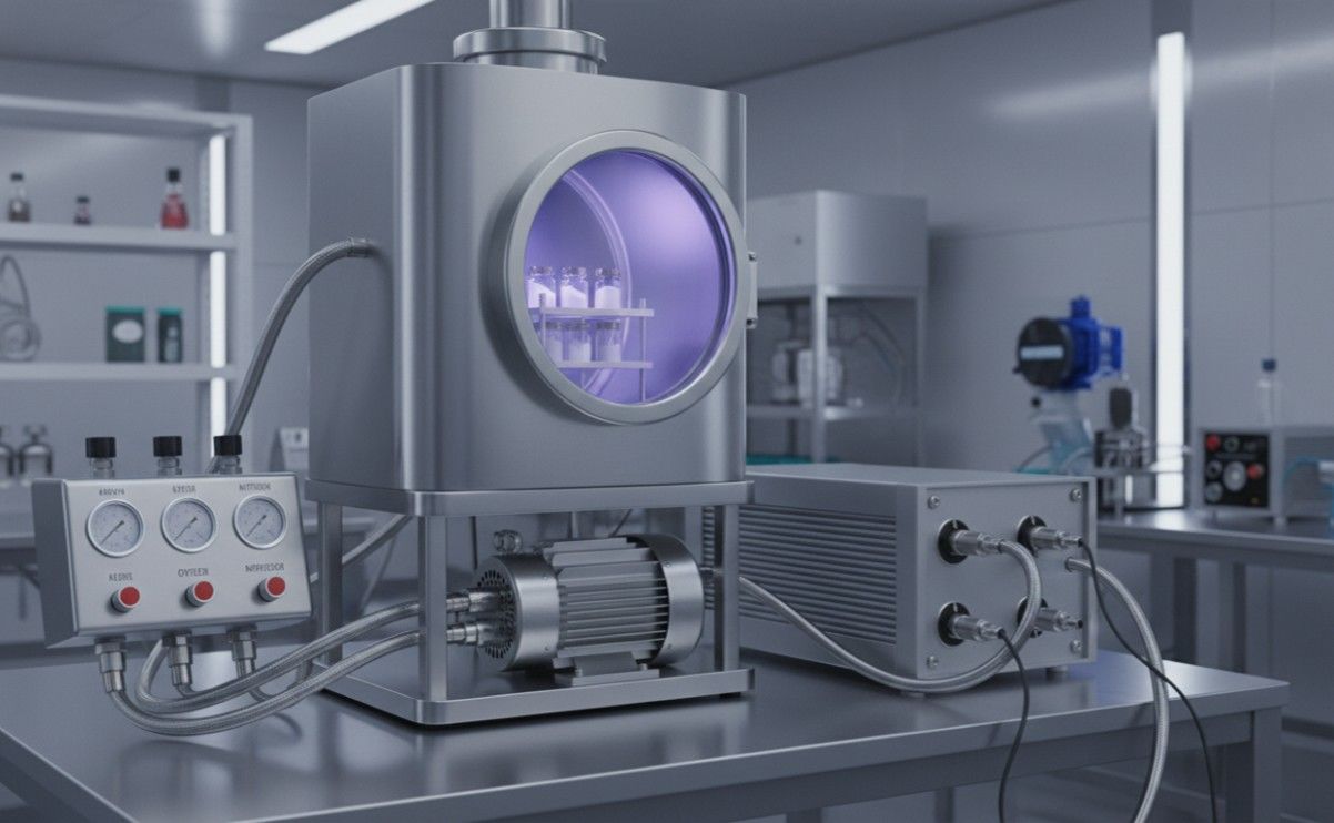Vacuum plasma surface treatment system displaying purple plasma glow with gas flow controllers