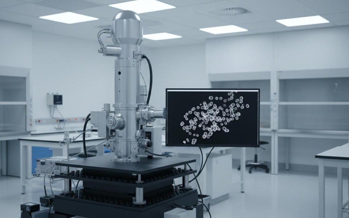Transmission electron microscope in a laboratory with specimen column and monitor displaying nanoparticle images