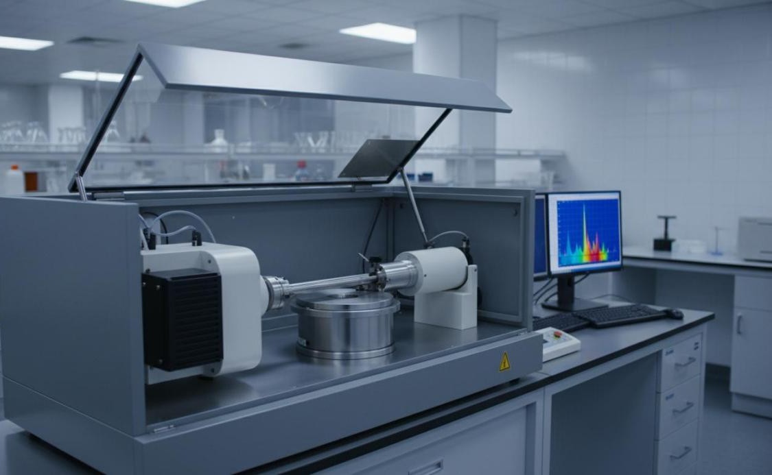 X-ray diffractometer with goniometer assembly and protective cabinet alongside a workstation showing a diffraction pattern