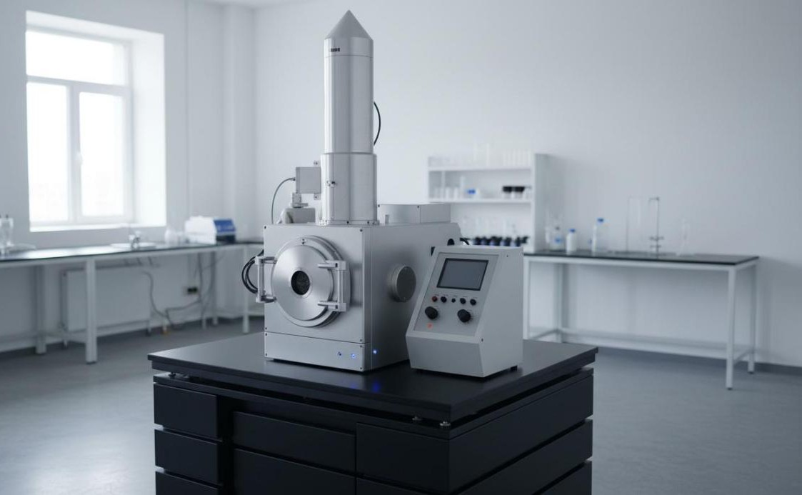 Scanning electron microscope with cubic specimen chamber on a vibration isolation table in a laboratory