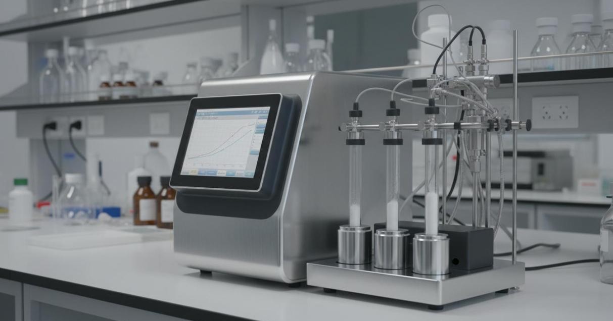 Modern fully automated BET surface area analyzer with multiple glass sample tubes on heated manifold connected to gas delivery system with touchscreen control panel