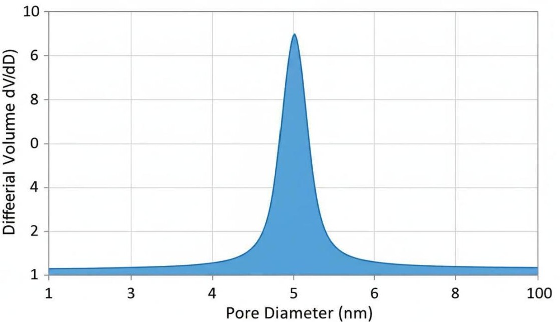 BJH pore size distribution plot showing differential pore volume versus pore diameter with prominent peak indicating well-defined mesopores around 5 nm
