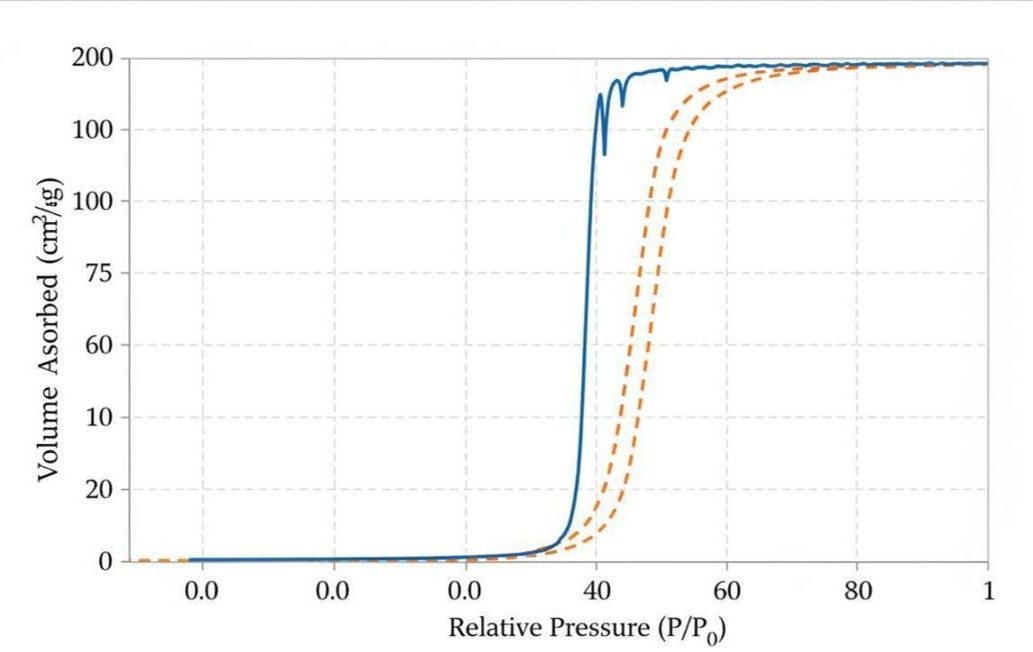Type IV nitrogen adsorption-desorption isotherm displaying characteristic hysteresis loop between adsorption and desorption branches at relative pressures above 0.4