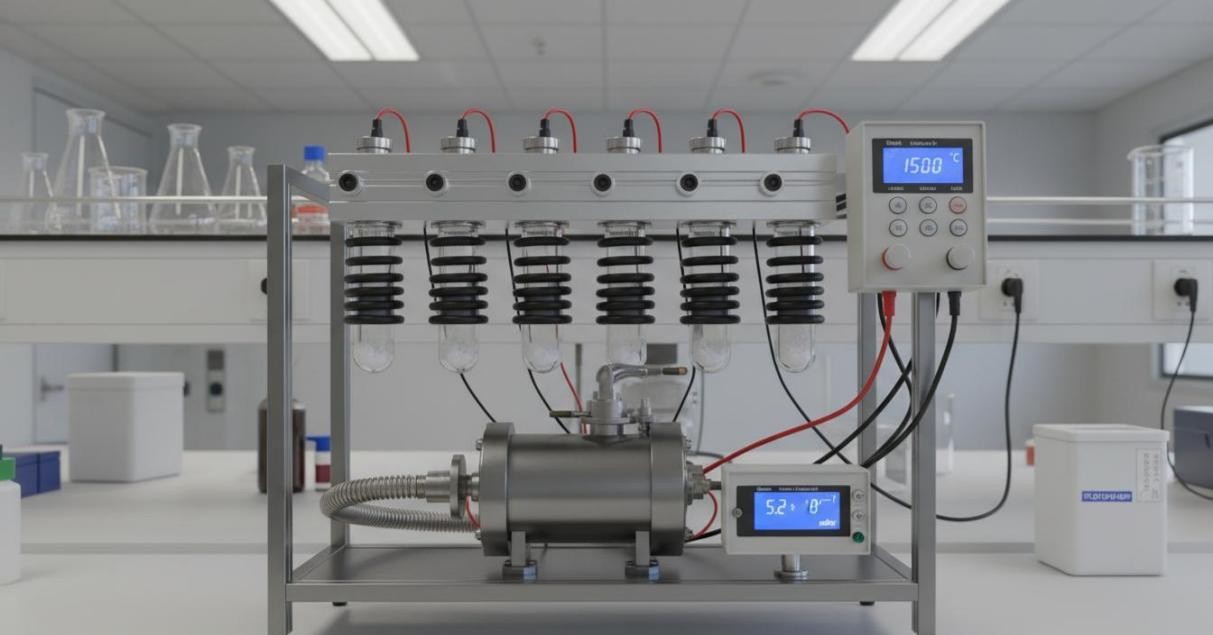 Vacuum degassing station with multiple heated sample ports, turbomolecular pump, and precision temperature controller for pre-analysis sample preparation