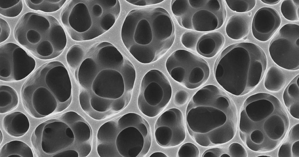High-resolution SEM image of porous nanomaterial showing interconnected three-dimensional network of uniform mesopores