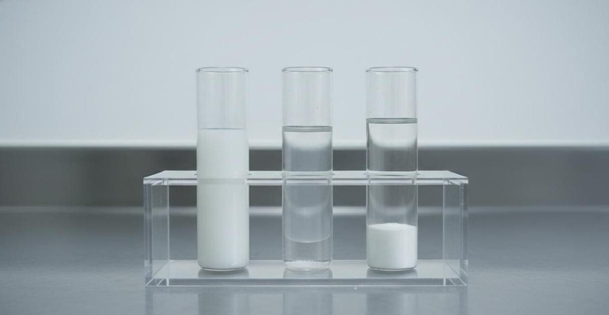 Three glass vials in a rack showing nanoparticle dispersion stability from stable uniform suspension to partial sedimentation to complete phase separation