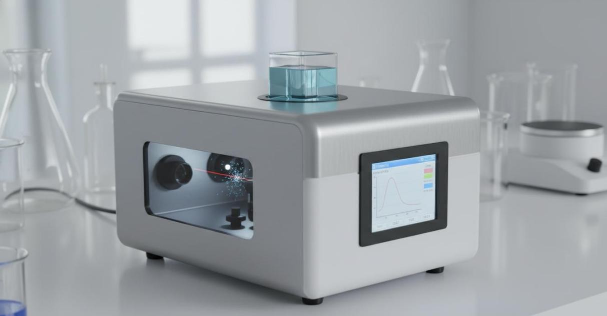 Dynamic light scattering analyzer with laser optics, detector, and sample cuvette holder for measuring hydrodynamic particle size in colloidal suspensions