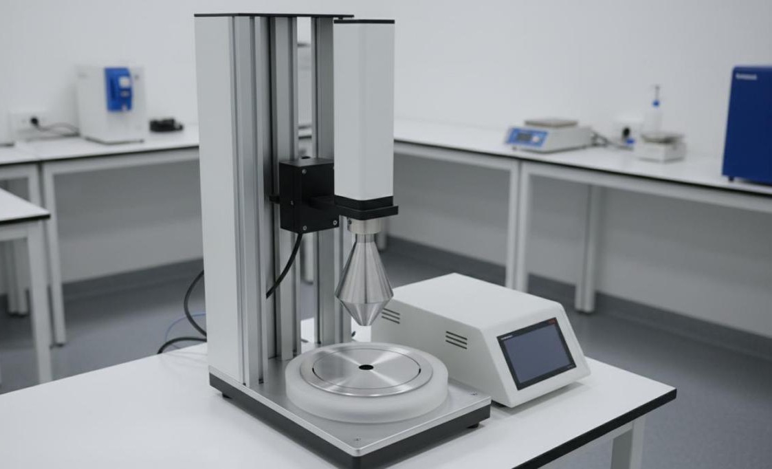 Rotational rheometer with cone-and-plate geometry and Peltier temperature-controlled plate for flow curve and viscoelastic analysis