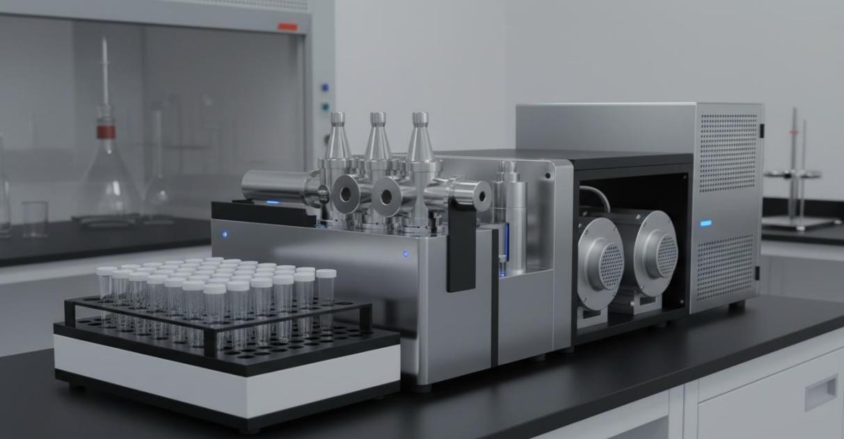 Modern single quadrupole ICP-MS with autosampler, interface cones, collision reaction cell, and turbomolecular pumps on lab bench