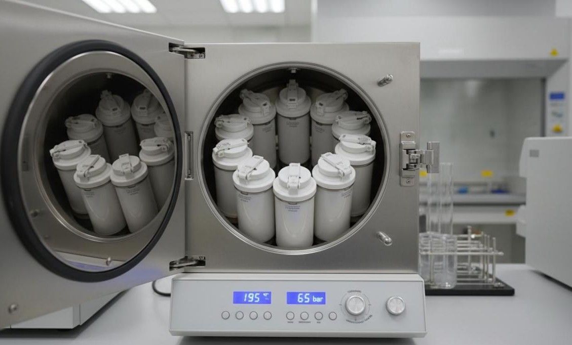 High-pressure closed-vessel microwave digestion system with rotating carousel of sealed PTFE-TFM vessels and digital temperature-pressure display