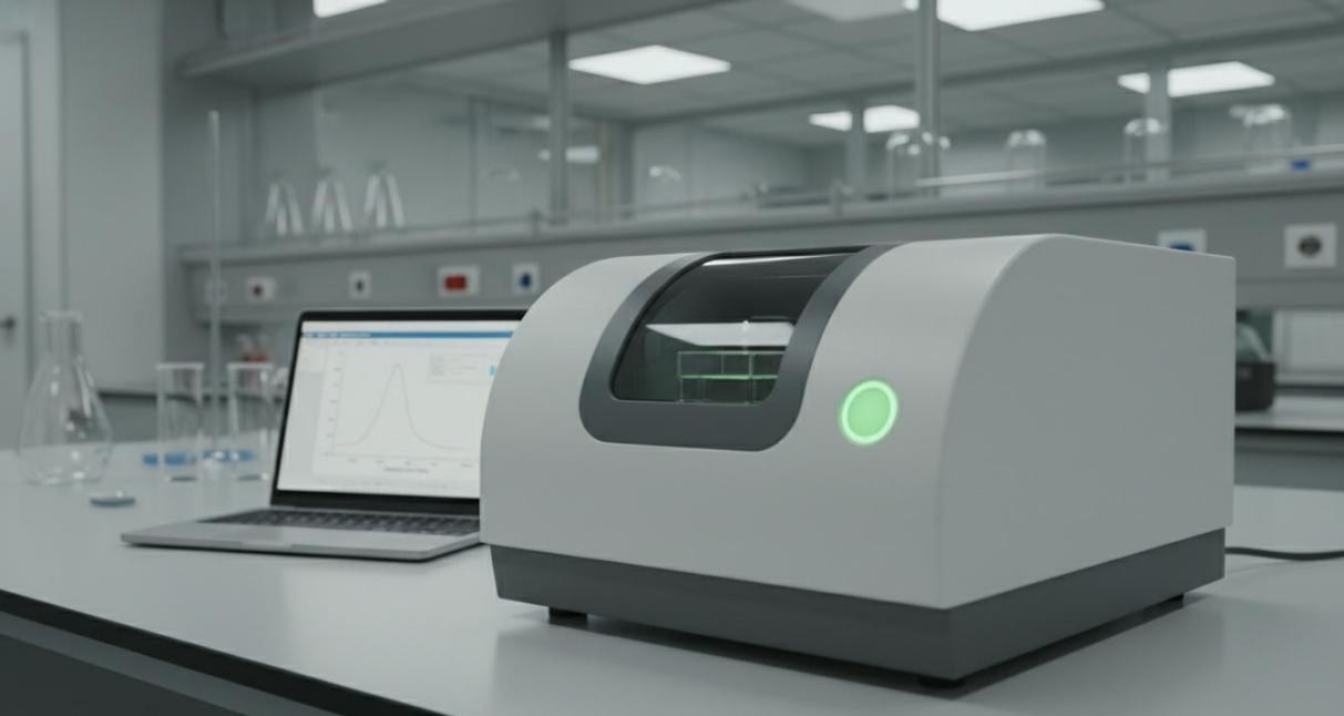 Dynamic light scattering particle size analyzer on a laboratory bench with a laptop displaying a distribution curve