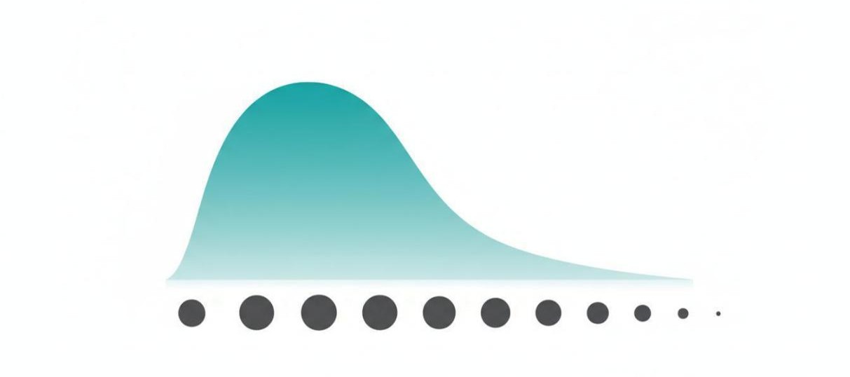 Teal-colored particle size distribution curve with shaded area and decreasing particle circles below