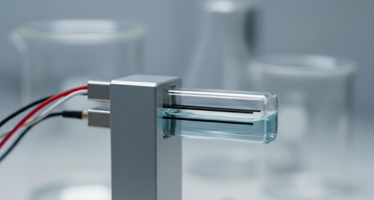 Close-up of a zeta potential measurement cuvette with black electrodes in a pale blue colloidal dispersion