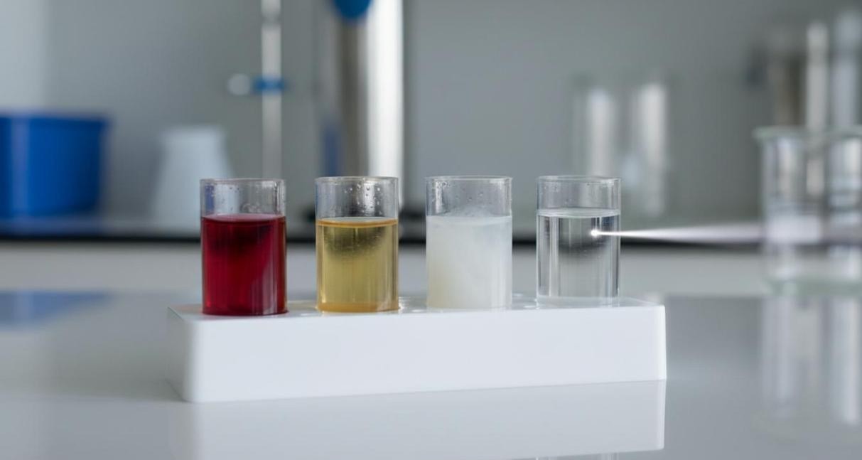 Four transparent cuvettes in a white holder containing red, yellow, white, and clear colloidal dispersions