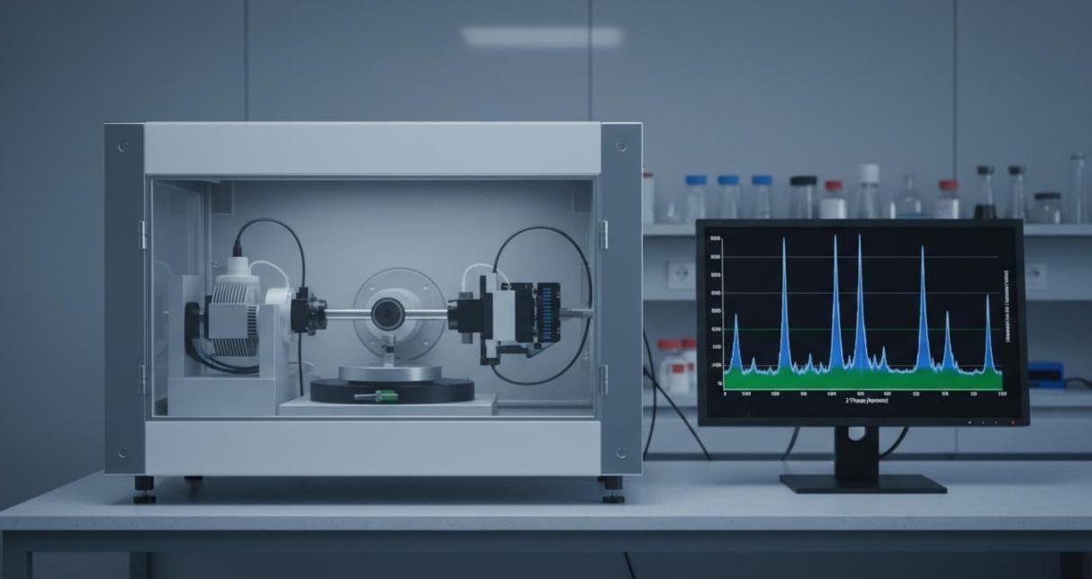 X-ray diffractometer in a protective cabinet with monitor displaying diffraction pattern with sharp peaks