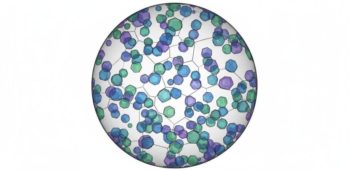 3D rendering of a spherical nanoparticle containing multiple small crystalline domains in various colors and orientations