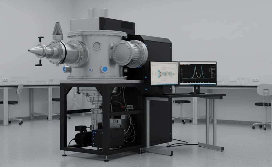 X-ray photoelectron spectroscopy system with analytical chamber, electron energy analyzer, and computer workstation displaying spectra