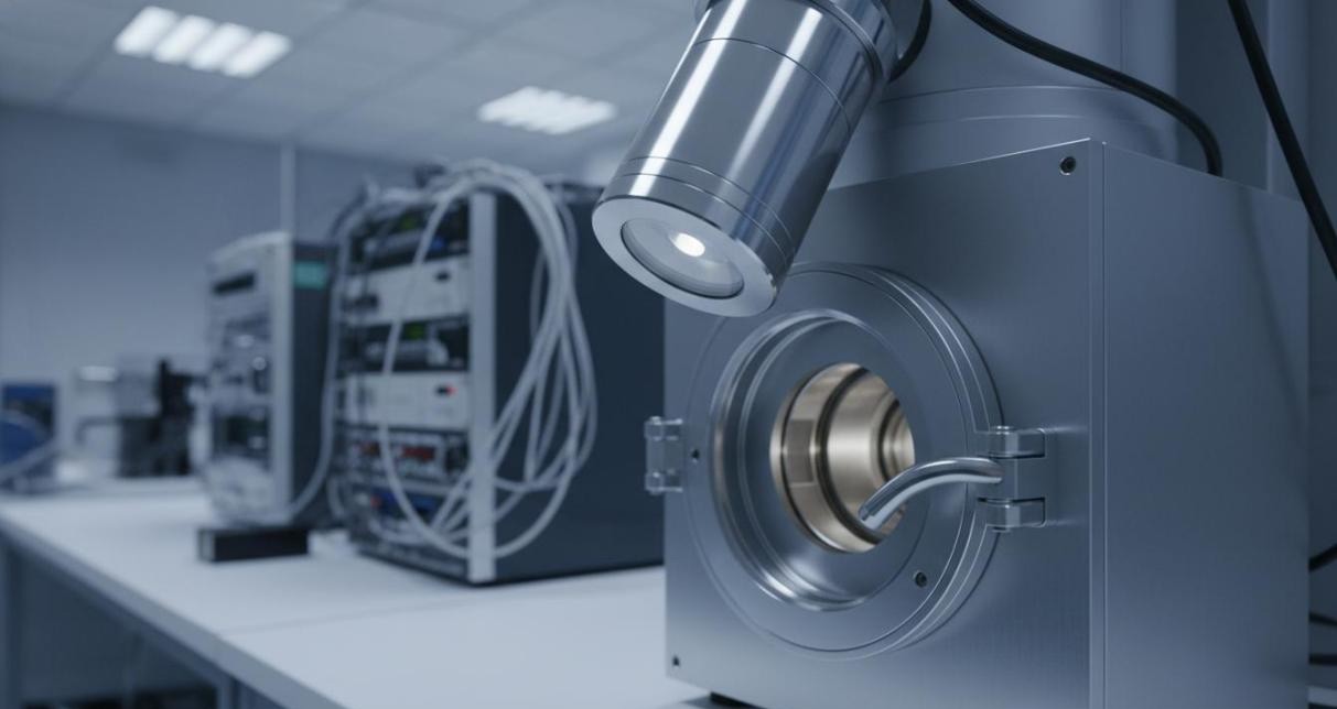 Silicon drift detector mounted at an angle on a scanning electron microscope specimen chamber
