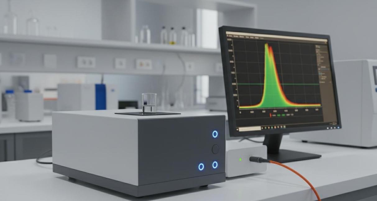 Spectrofluorometer on a laboratory bench with cuvette sample holder and monitor displaying a fluorescence emission spectrum